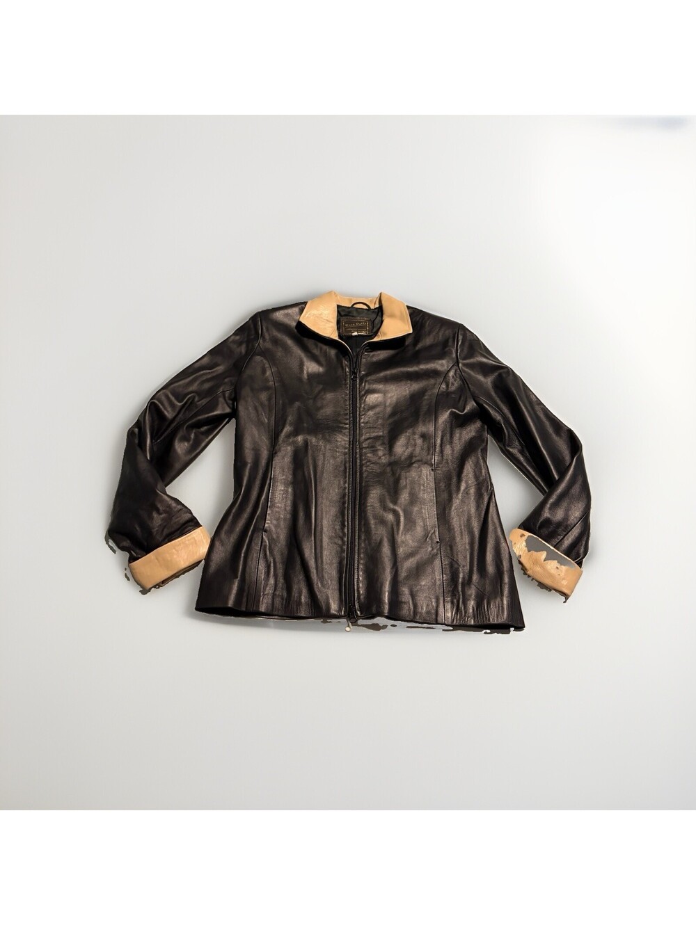 Vera Pelle Italian Faux Leather Jacket Womens Size Large Black Brown Designer